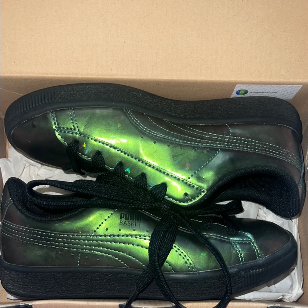 Puma Basket Sneakers with Iridescent Green Finish